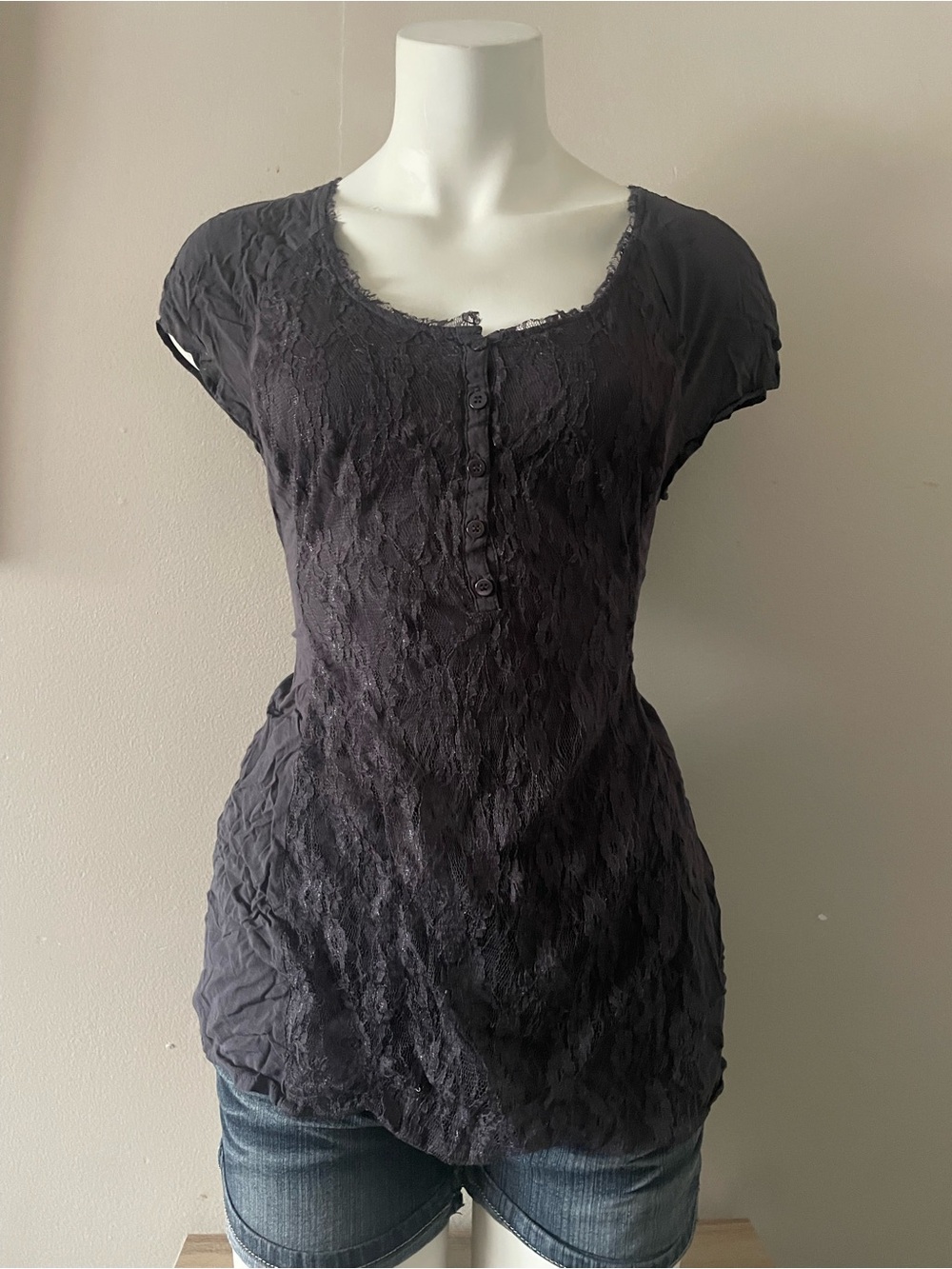 Black Lace Henley Scoop-Neck Blouse